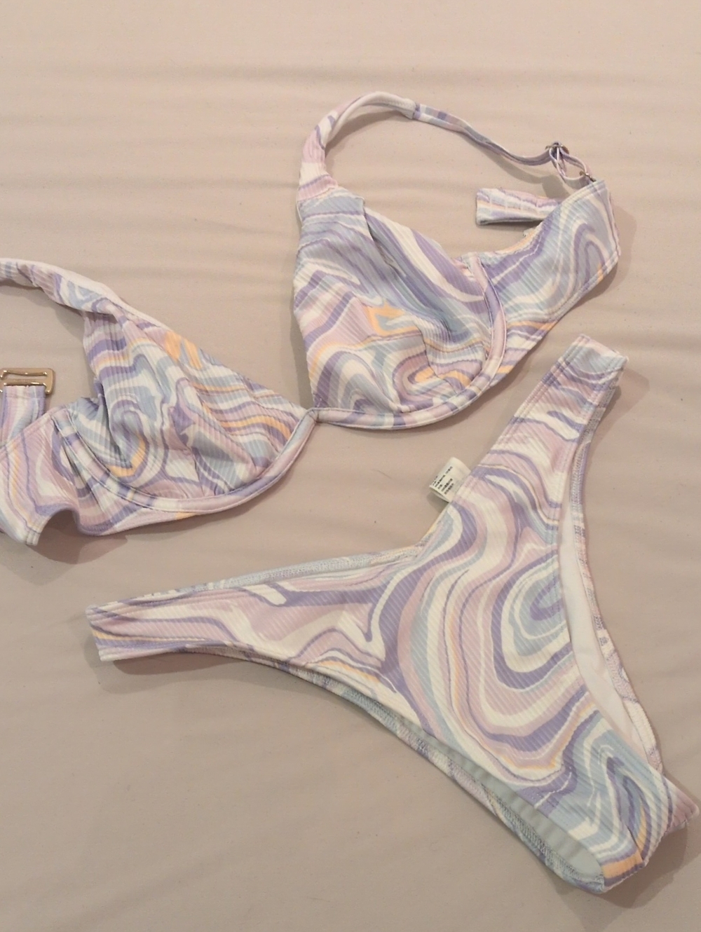 Hollister Pastel Marble Bikini Top and Bottom Set - Lavender, Light Blue, Peach